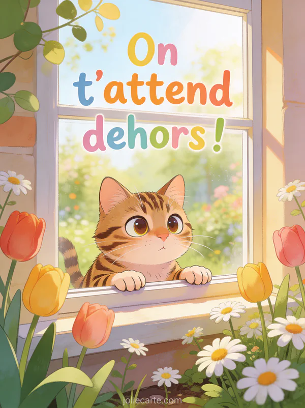 Chat tigré aux grands yeux regardant à travers une fenêtre depuis un jardin fleuri avec le texte On t'attend dehors
