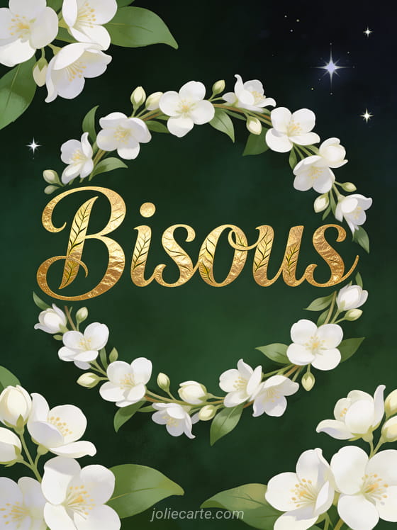 Le mot Bisous en calligraphie dorée entouré d'une guirlande de jasmin blanc sur fond vert sombre