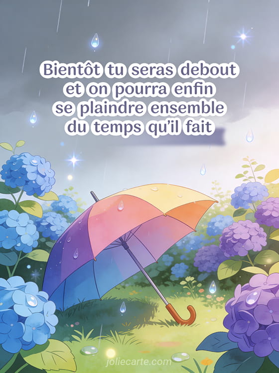 Parapluie coloré dans un jardin d'hortensias bleus et mauves avec gouttes scintillantes et texte humoristique