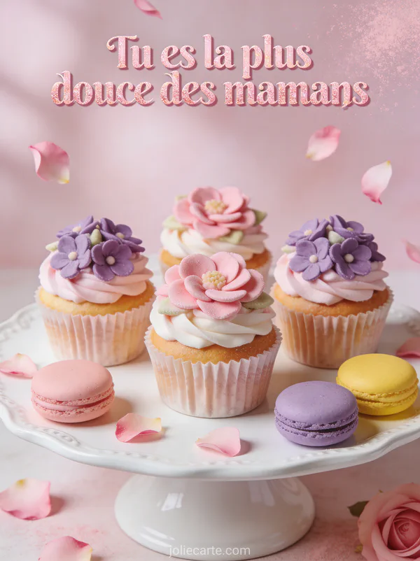 Présentoir avec cupcakes décorés de fleurs en sucre et macarons pastel avec pétales de rose et le texte Tu es la plus douce des mamans