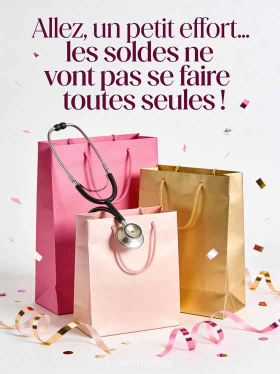 Sacs de shopping colorés avec un stéthoscope posé dessus et confettis avec le texte Allez un petit effort