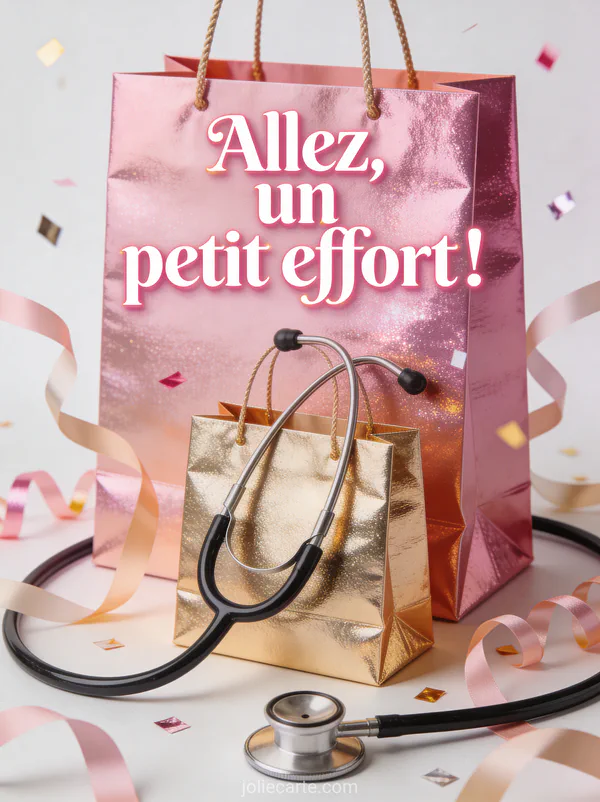 Sacs de shopping colorés avec un stéthoscope posé dessus et confettis avec le texte Allez un petit effort