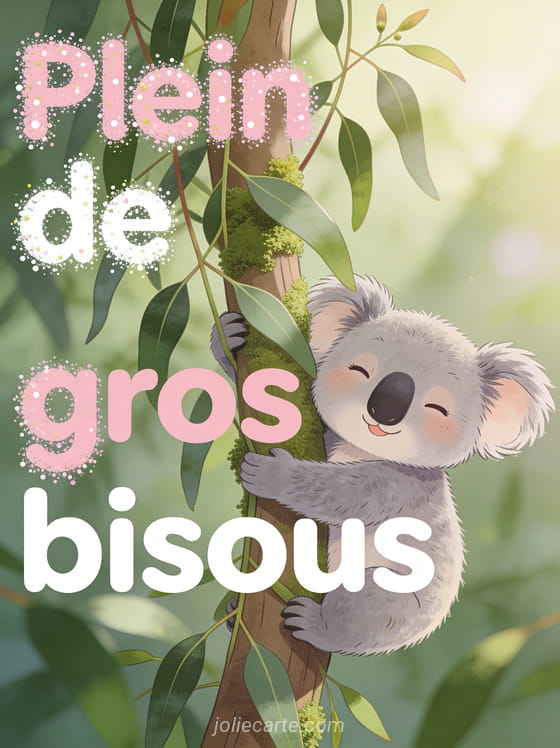 Petit koala gris accroché à un eucalyptus les yeux mi-clos avec le texte Plein de gros bisous