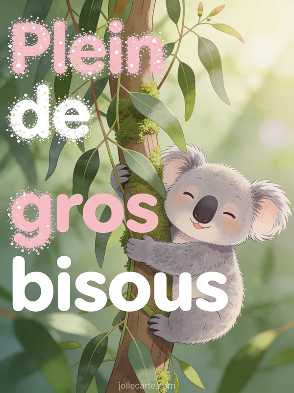 Petit koala gris accroché à un eucalyptus les yeux mi-clos avec le texte Plein de gros bisous