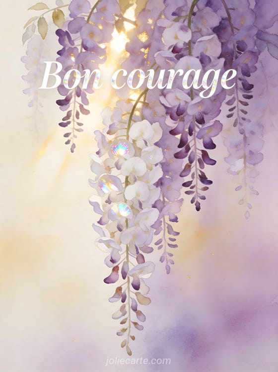 Guirlande de glycine mauve et blanche en cascade avec lumière dorée fond lavande et le texte Bon courage