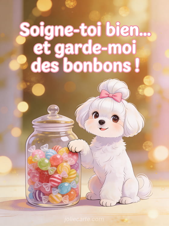 Raton laveur adorable avec une patte dans un bocal de bonbons colorés et expression coupable avec le texte Soigne-toi bien