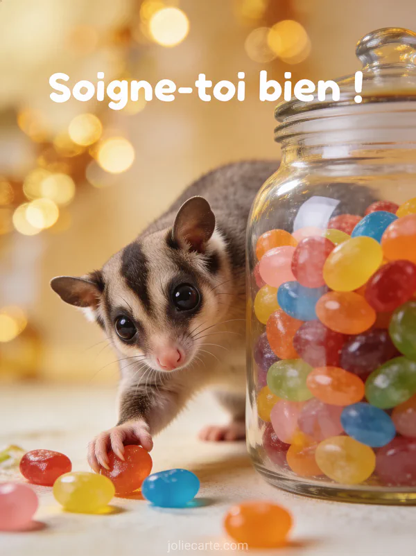 Raton laveur adorable avec une patte dans un bocal de bonbons colorés et expression coupable avec le texte Soigne-toi bien