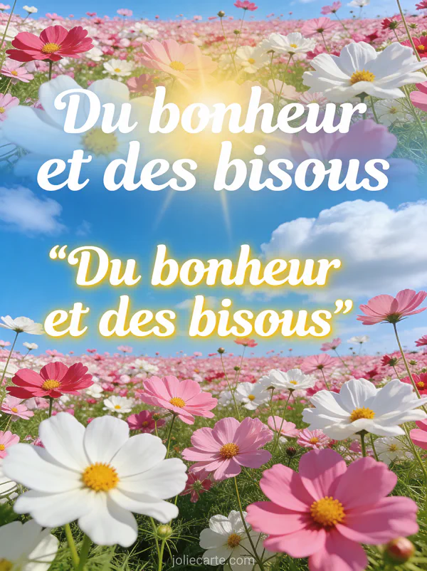 Champ de cosmos roses et blancs sous un ciel bleu azur avec le texte Du bonheur et des bisous