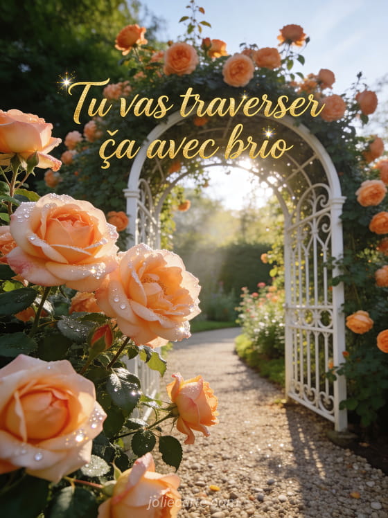 Roses anciennes roses et abricot grimpant sur arche en fer forgé blanc lumière matinale avec le texte Tu vas traverser ça avec brio