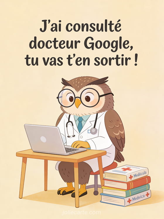 Chouette avec lunettes de médecin devant un ordinateur portable et des livres avec le texte J'ai consulté docteur Google