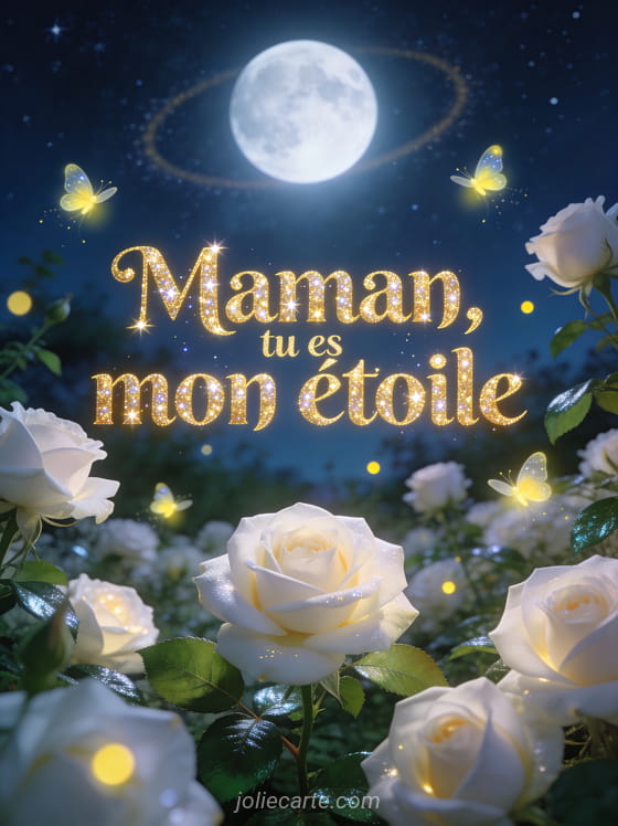 Ciel nocturne étoilé au-dessus d'un jardin de roses blanches avec lucioles et le texte Maman tu es mon étoile