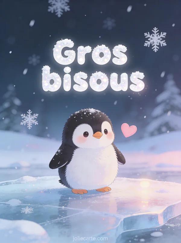 Petit pingouin empereur debout sur la glace avec des flocons de neige un cœur rose et le texte Gros bisous