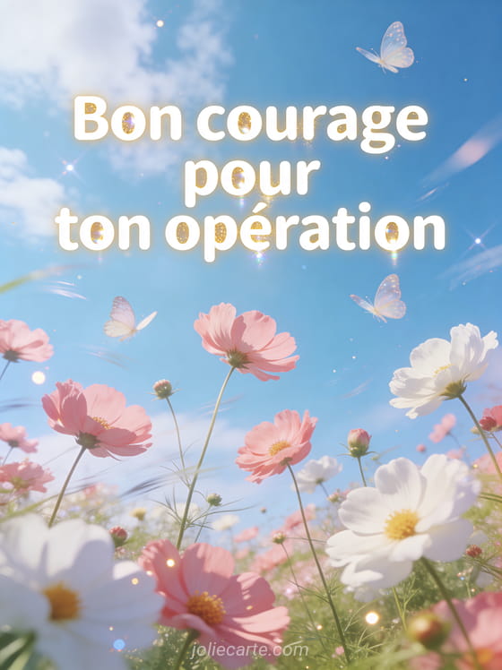 Jardin de cosmos roses et blancs avec papillons délicats sous un ciel bleu clair et le texte Bon courage pour ton opération