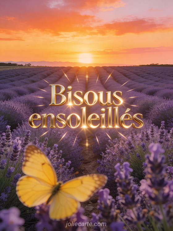 Lever de soleil sur un champ de lavande en Provence avec un papillon jaune et le texte Bisous ensoleillés