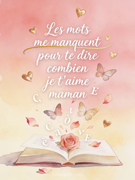 Illustration de lettres s'envolant d'un livre ouvert se transformant en papillons et pétales de rose avec cœurs dorés