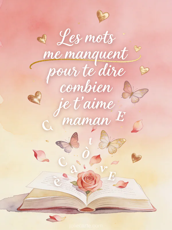 Illustration de lettres s'envolant d'un livre ouvert se transformant en papillons et pétales de rose avec cœurs dorés