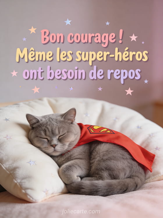 Chat british shorthair gris endormi avec une petite cape de super-héros rouge sur un coussin avec le texte Bon courage