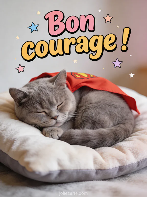 Chat british shorthair gris endormi avec une petite cape de super-héros rouge sur un coussin avec le texte Bon courage