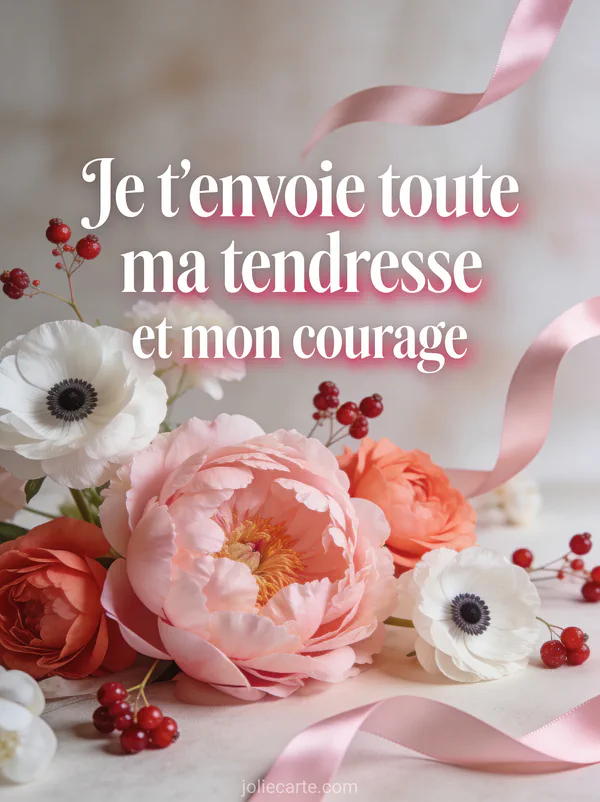 Pivoines rose poudré et corail avec anémones blanches et baies rouges rubans de soie avec le texte de tendresse
