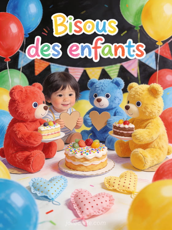 Petits ours en peluche colorés assis en cercle avec ballons et fanions et le texte Bisous des enfants