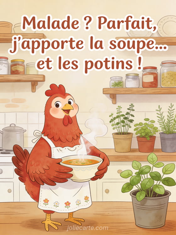 Poule rousse avec tablier tenant un bol de soupe fumant dans une cuisine rustique avec le texte J'apporte la soupe et les potins