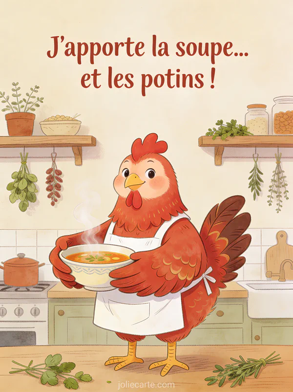 Poule rousse avec tablier tenant un bol de soupe fumant dans une cuisine rustique avec le texte J'apporte la soupe et les potins