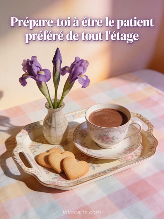 Plateau avec chocolat chaud biscuits cœur et iris violets sur nappe à carreaux pastel avec texte humoristique