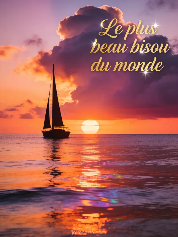 Coucher de soleil sur la mer avec un voilier en silhouette et des teintes orangées et le texte Le plus beau bisou du monde