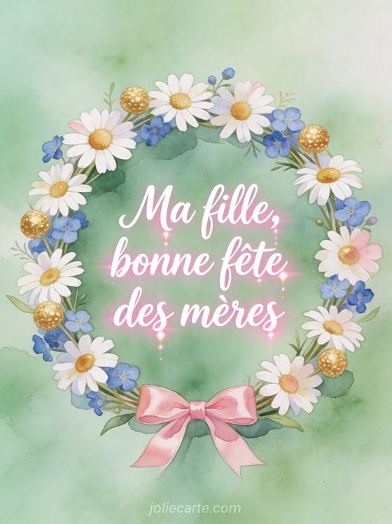 Couronne aquarelle de marguerites bleuets et boutons d'or avec ruban satin rose sur fond vert d'eau