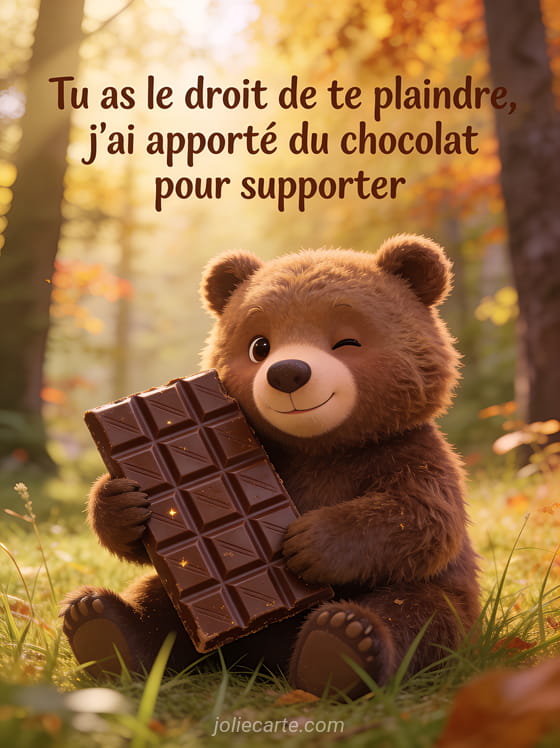 Ours brun adorable tenant une grande tablette de chocolat dans une forêt automnale avec le texte J'ai apporté du chocolat
