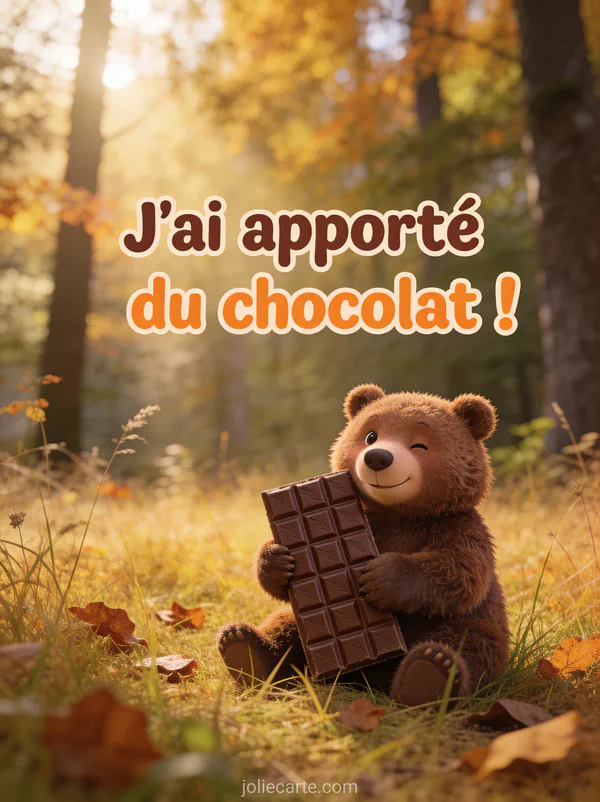Ours brun adorable tenant une grande tablette de chocolat dans une forêt automnale avec le texte J'ai apporté du chocolat