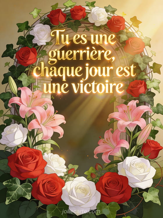 Arche fleurie de roses rouges et blanches avec lys roses lumière dorée traversante et texte Tu es une guerrière