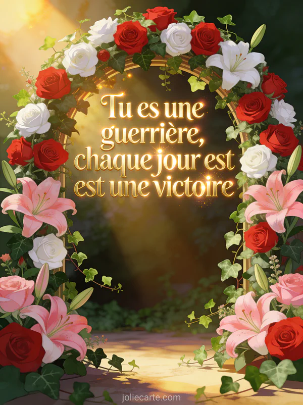 Arche fleurie de roses rouges et blanches avec lys roses lumière dorée traversante et texte Tu es une guerrière