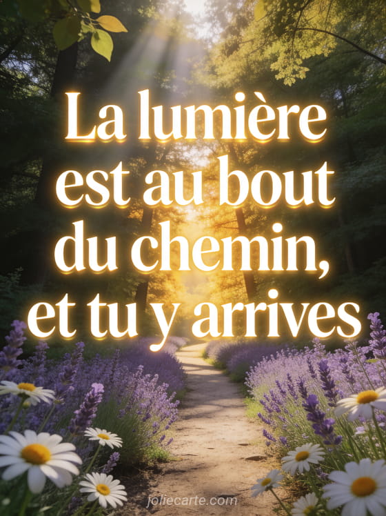 Sentier bordé de lavande et marguerites menant vers lumière dorée entre les arbres avec le texte La lumière est au bout du chemin
