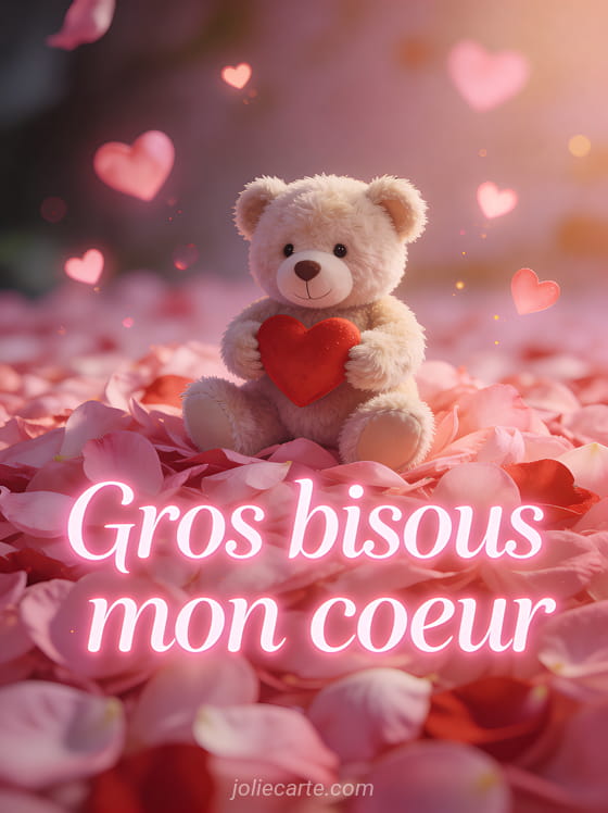 Cœur rouge en verre soufflé sur un lit de pétales de roses rouges avec bougies et le texte Gros bisous mon cœur d'amour