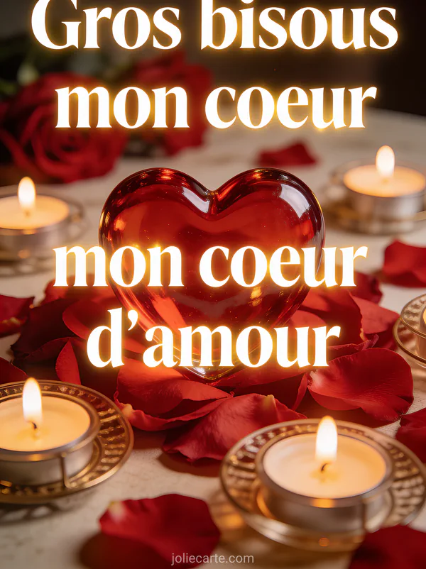 Cœur rouge en verre soufflé sur un lit de pétales de roses rouges avec bougies et le texte Gros bisous mon cœur d'amour