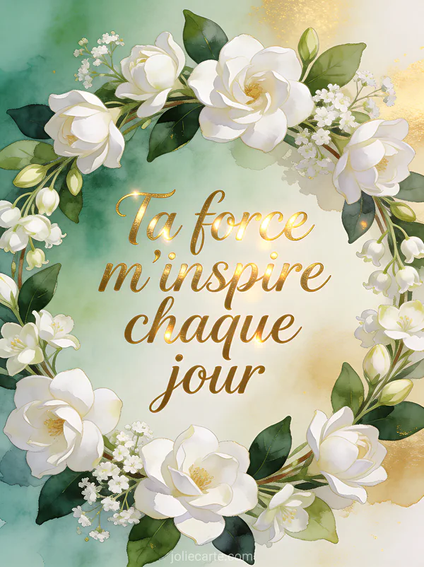 Couronne de gardénias blancs et jasmin avec gypsophile fond aquarelle vert d'eau et or avec le texte Ta force m'inspire