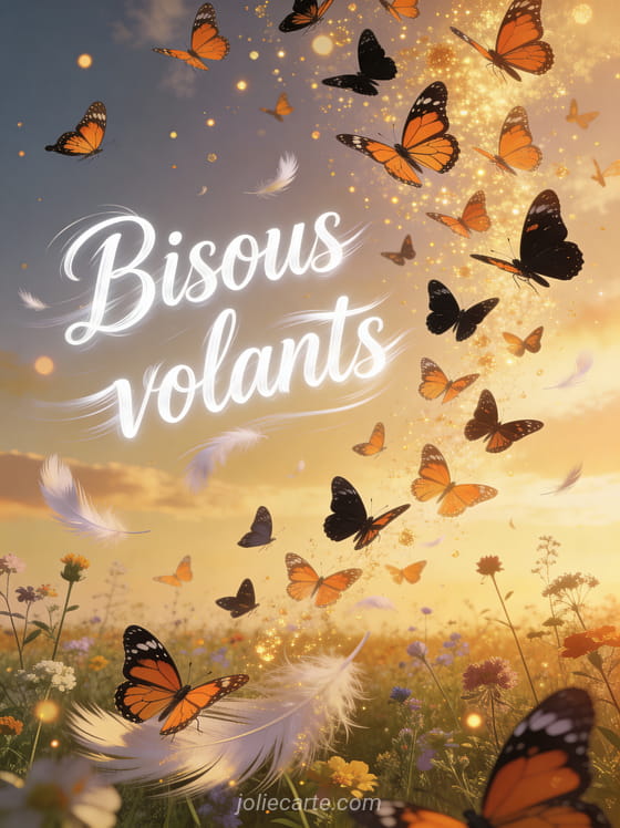 Nuée de papillons monarques orange s'envolant dans un ciel doré au-dessus de fleurs sauvages avec le texte Bisous volants