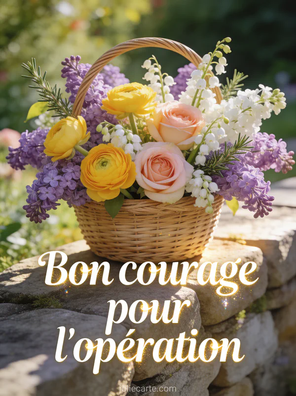 Panier en osier de renoncules lilas muguet et romarin sur muret de pierre ensoleillé avec le texte Bon courage pour l'opération