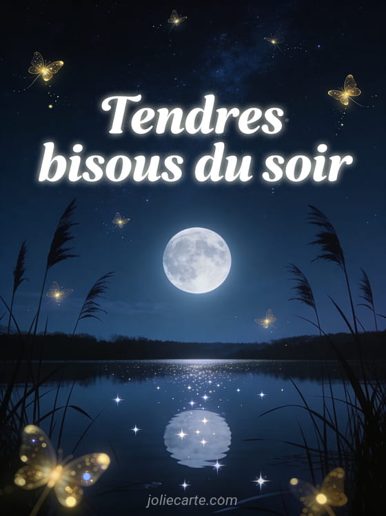 Ciel étoilé avec pleine lune argentée et lucioles dorées au-dessus d'un lac miroir avec le texte Tendres bisous du soir