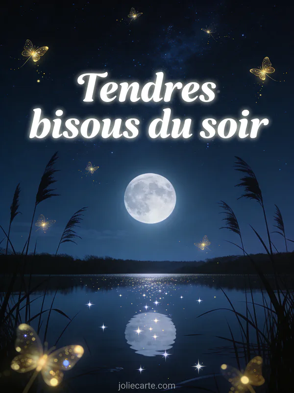 Ciel étoilé avec pleine lune argentée et lucioles dorées au-dessus d'un lac miroir avec le texte Tendres bisous du soir