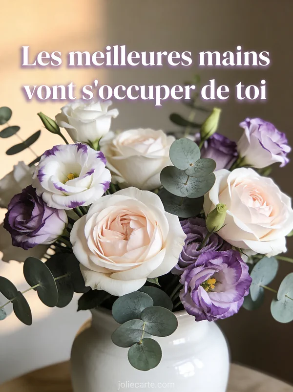 Lisianthus blancs et violets avec roses David roses pâle et eucalyptus dans vase céramique blanc avec texte rassurant