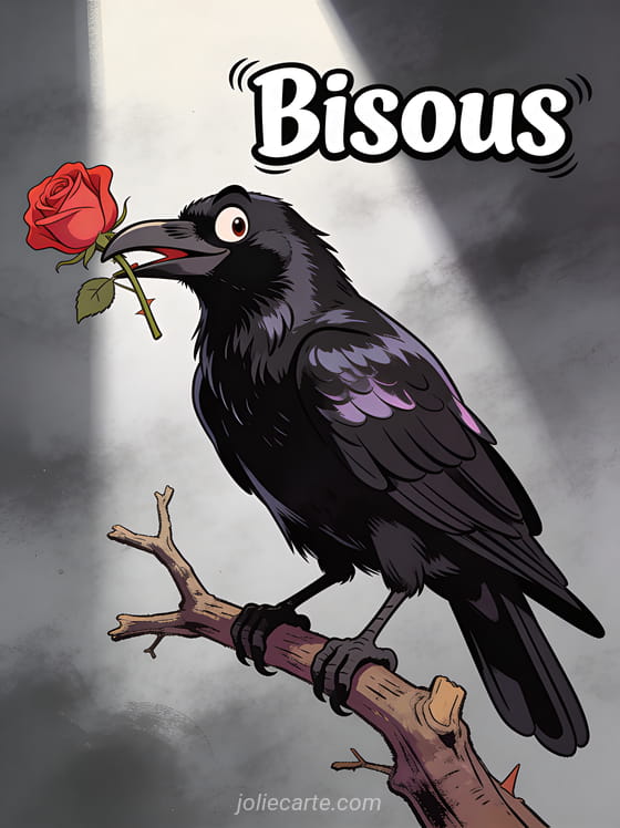 Corbeau noir perché sur une branche tenant une rose rouge dans son bec avec le texte Bisous