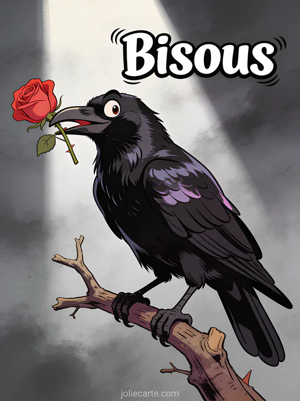 Corbeau noir perché sur une branche tenant une rose rouge dans son bec avec le texte Bisous