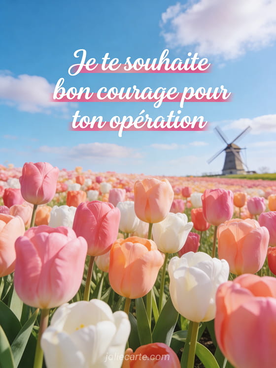 Champ de tulipes multicolores roses pêche et blanches sous ciel bleu avec le texte Je te souhaite bon courage