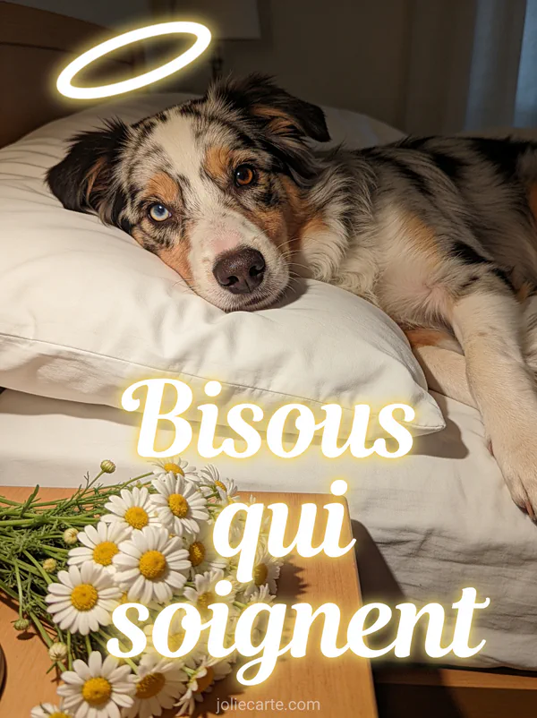 Chien berger australien aux yeux vairons posant sa tête sur un oreiller blanc avec de la camomille et le texte Bisous qui soignent