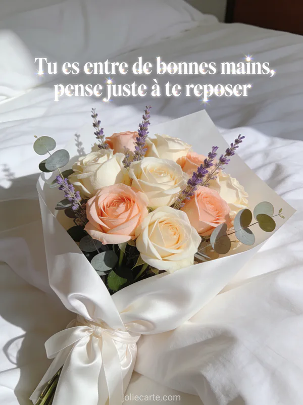 Bouquet de roses anglaises crème et pêche avec lavande sur draps blancs lumière douce et texte rassurant