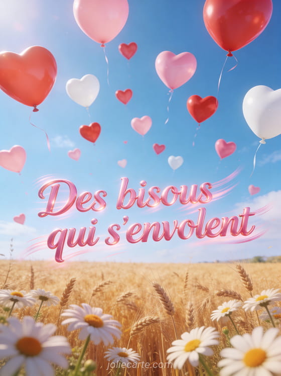 Ballons roses et rouges en forme de cœur s'envolant dans un ciel bleu au-dessus d'un champ de blé avec le texte Des bisous qui s'envolent