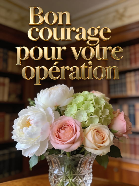 Pivoines blanches roses hortensias vert pâle et roses David dans vase en cristal ambiance distinguée avec texte de courage