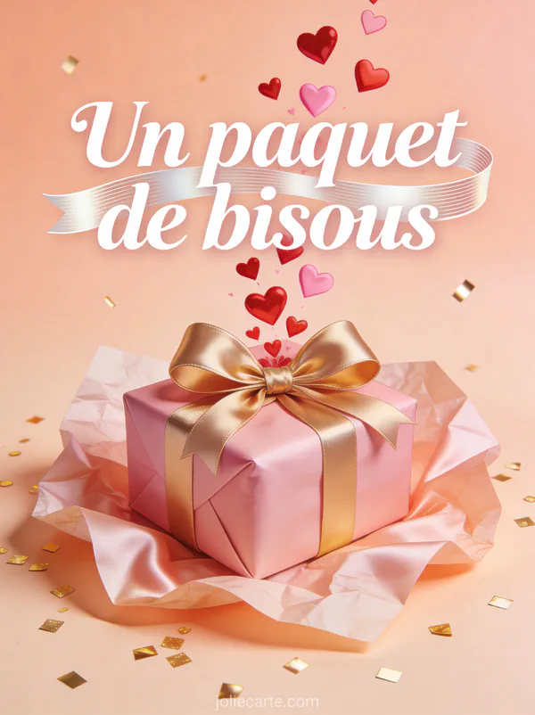 Paquet cadeau rose avec nœud doré d'où s'échappent des cœurs roses et rouges avec le texte Un paquet de bisous